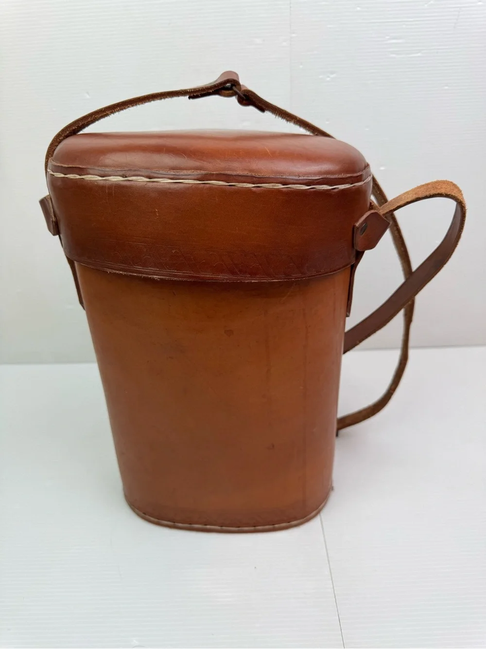 VTG Artesania Uruguay Tooled Leather Thermos Bottle Case Carrier Cross Stitch